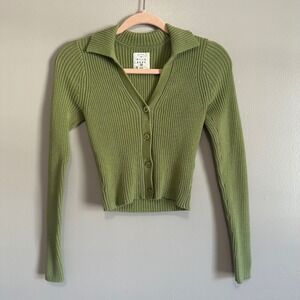 Billabong Green Ribbed Collared Button Up Long Sleeve Cropped Cardigan Top S